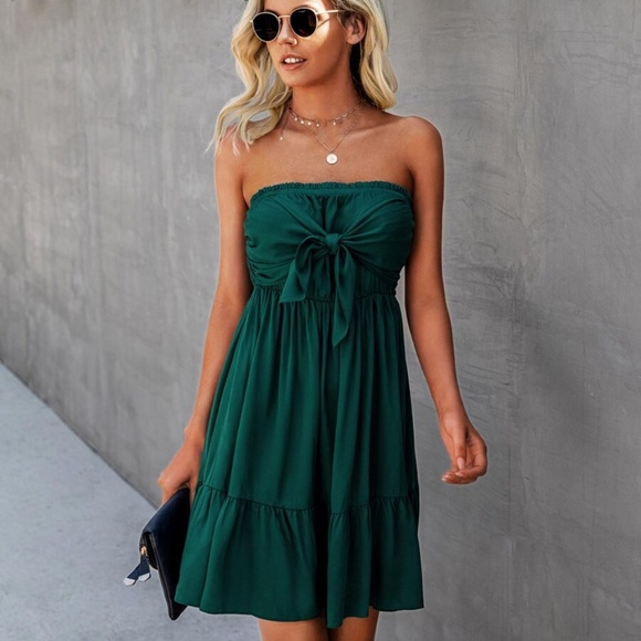 front tie tube ruffle mini dress green spring - Picture 4 of 4